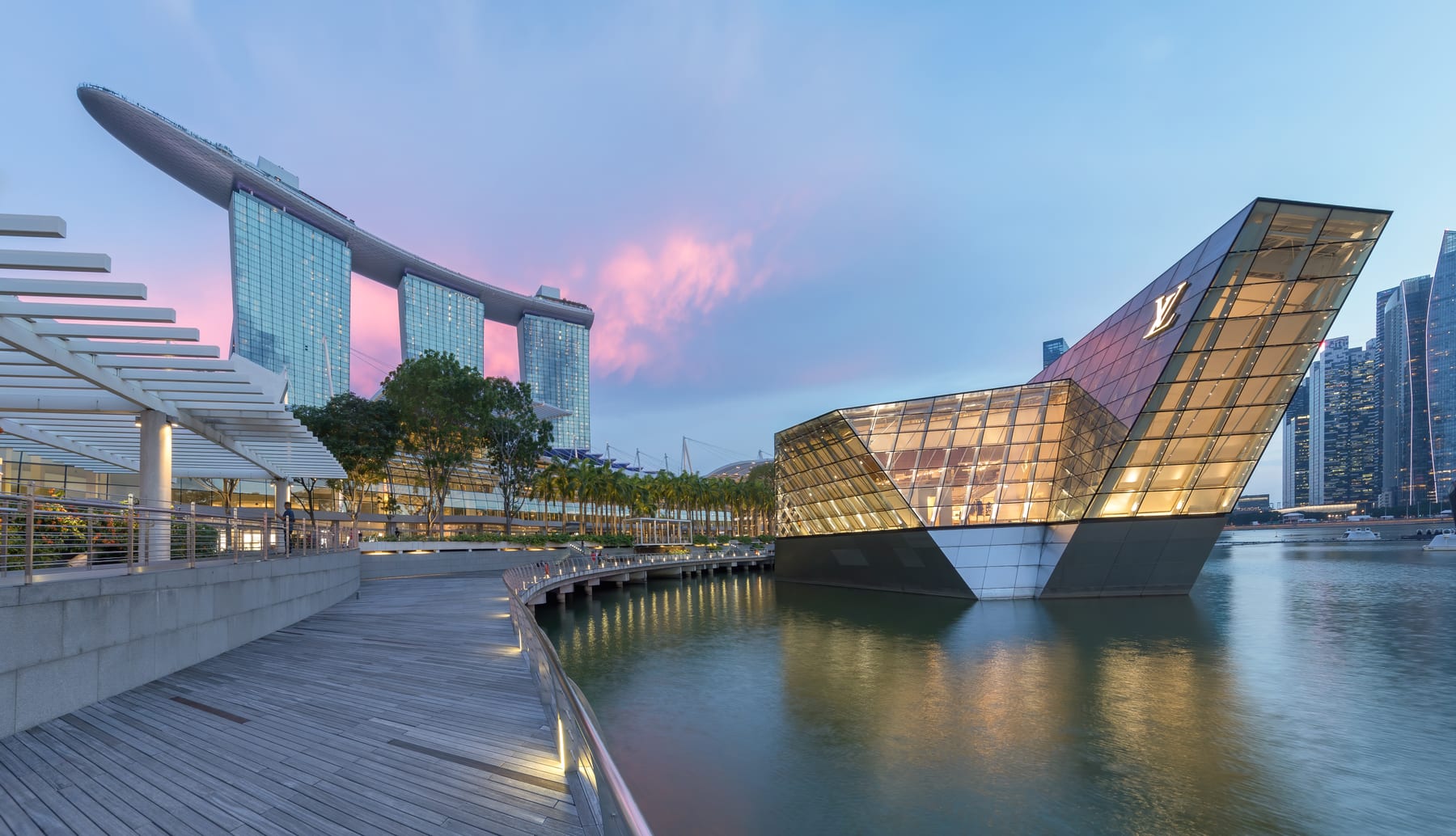 Singapore skyline at blue hour with Marina Bay Sands and waterfront architecture